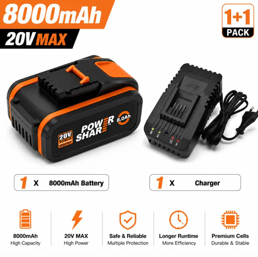 Extended Runtime Durable Lithium Ion Battery for WORX 20V Tools, 8.0Ah Large Capacity, Interchangeable with WA3551 & WA3553, Compatible WX Series Tools,