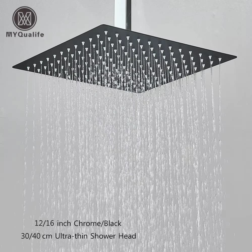 12/16" Rainfall Shower Head Ultra-thin Stainless Steel Square Shower Head Bathroom Accessories Chrome/Black