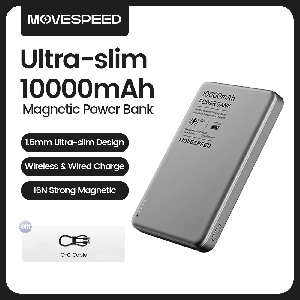 MOVESPEED Magnetic Power Bank 10000mAh Slim Wireless External Batteryfor MagSafe Powerbank for iPhone 16 15 14 13 Samsung 24