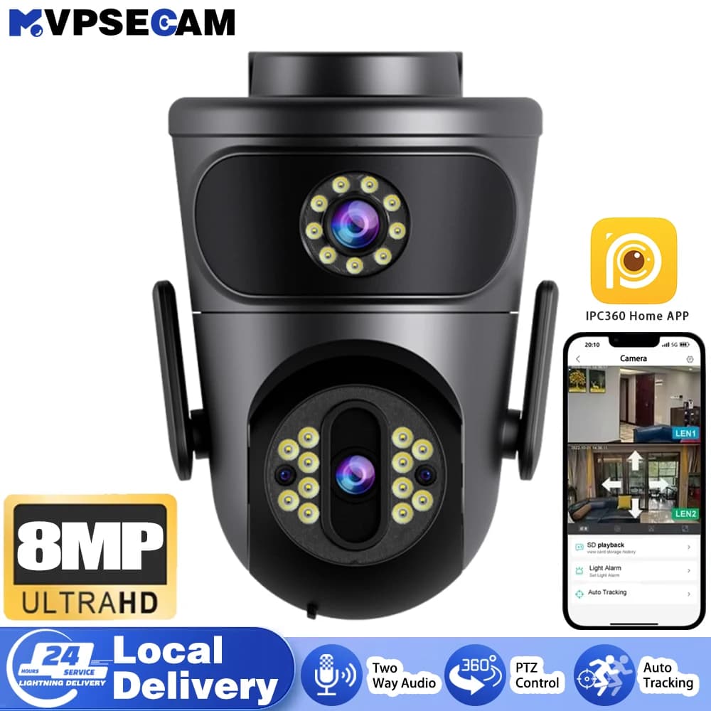 8MP 4K Wifi Street Dual Lens Camera Dual Screens Color Vision Waterproof  Auto Tracking CCTV Security Video Home Camera Security