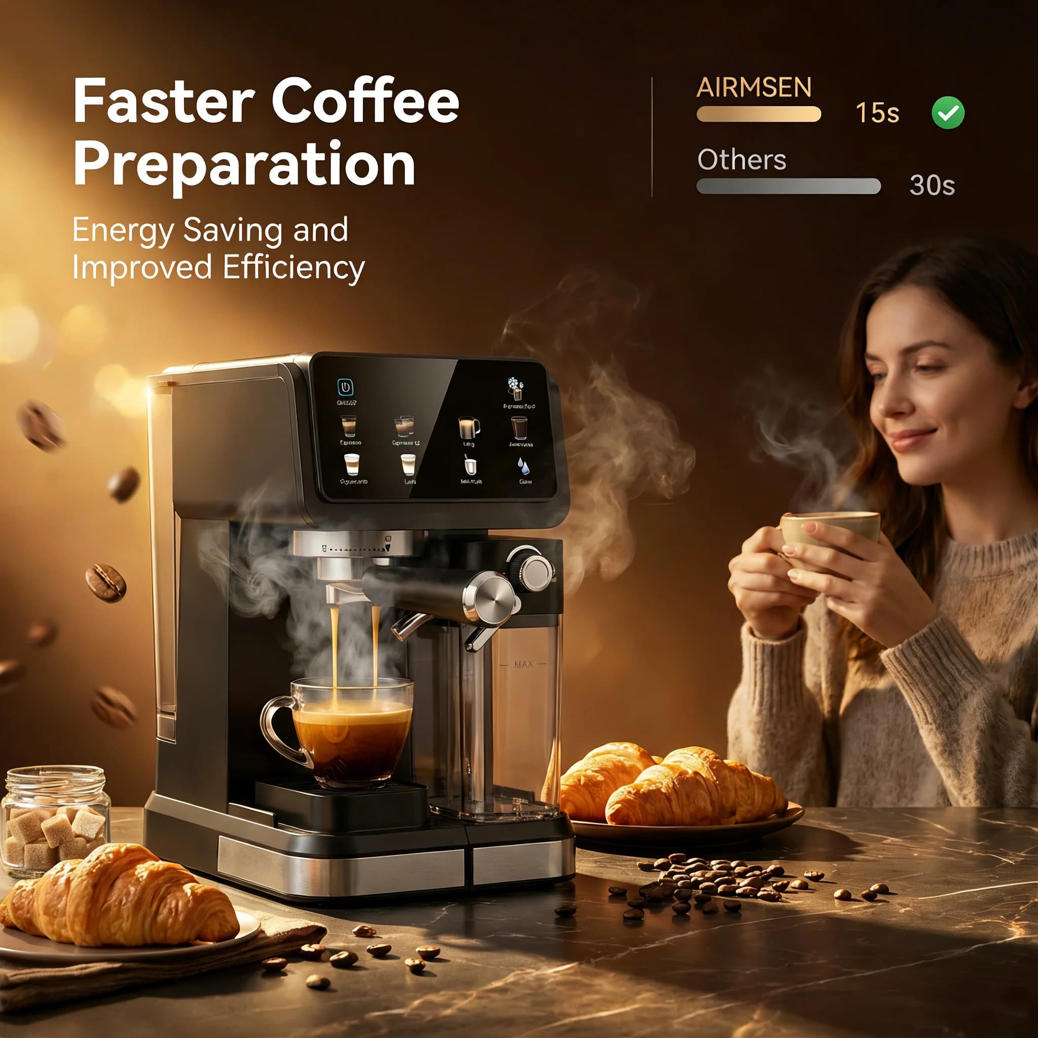20 Bar Espresso Coffee Machine with Touchscreen, Automatic Milk Frother, Dual Heating System, 15s Fast Preheat, 1.5L Water Tank, Black