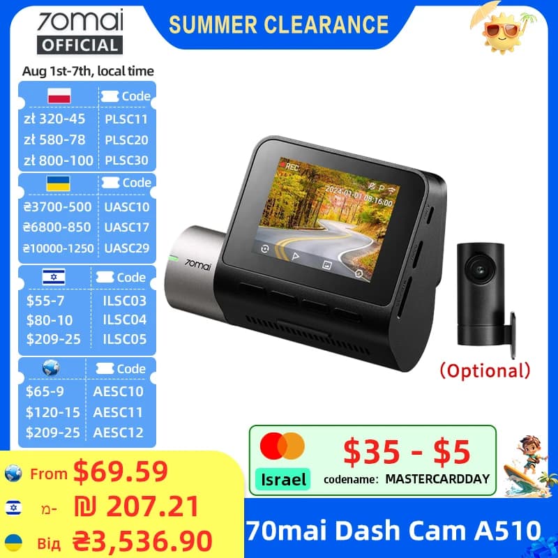 70mai Dash Cam A510 1944P HDR GPS ADAS 4G Connectivity 70mai 4G Front Cam A510 Car DVR 24H Parking Support Rear Cam
