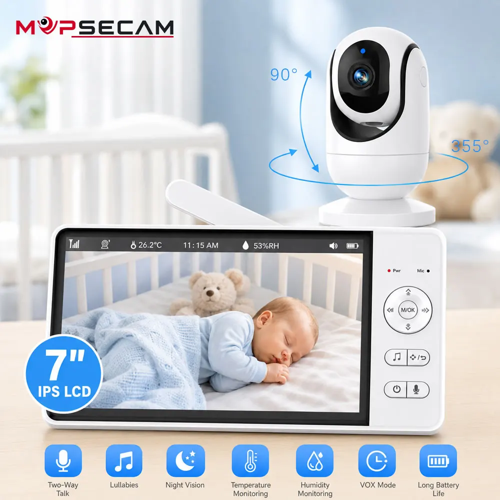 7 Inch IPS LCD Video Baby Monitor with PTZ Camera and Audio Two Way Talk Infrared Night Vision Temperature Humidity Monitoring VOX Mode Lullabies Long Battery Life Wireless Infant Security System for Nursery Bedroom Travel and Daily Baby Care Daily Safety