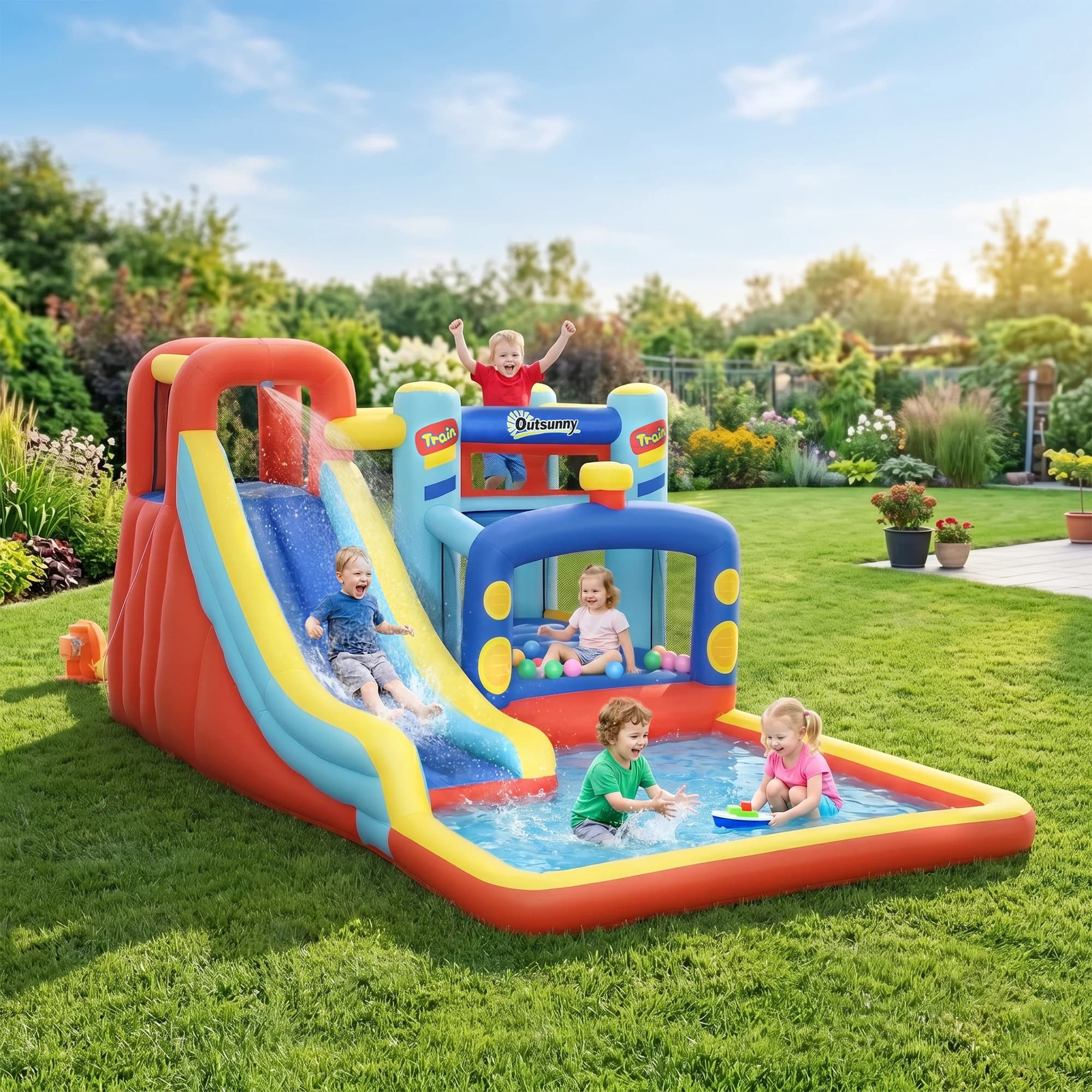 Inflatable Castle for 3-8 Years with Blower Slide Trampoline Pool Carrying Bag 435X245X200 cm Multicolor