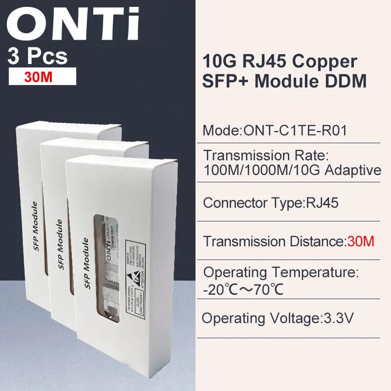 ONTi 10G RJ45 Copper SFP+ Module 10GBase-Tx Ethernet Fiber Optic FTTH Compatible with Cisco/Mikrotik Switch 30m / 80m