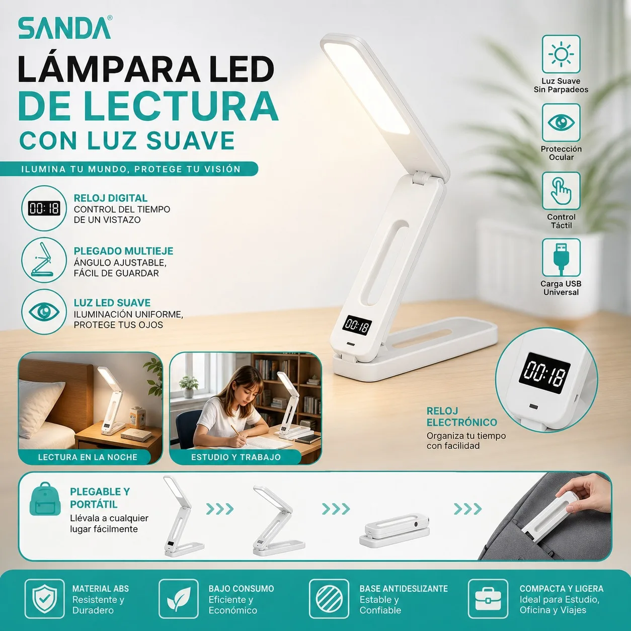 Foldable LED Desk Lamp with Digital Clock and Touch Control, USB Rechargeable Table Lamp with 3 Brightness Levels for Reading, Studying and Office, Soft White Light 4W-6W