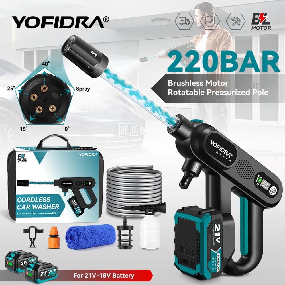 YOFIDRA 220Bar Brushless Electric High Pressure Car Washer Gun Water Spray Gun Household Garden Tools For Makita Battery Pin