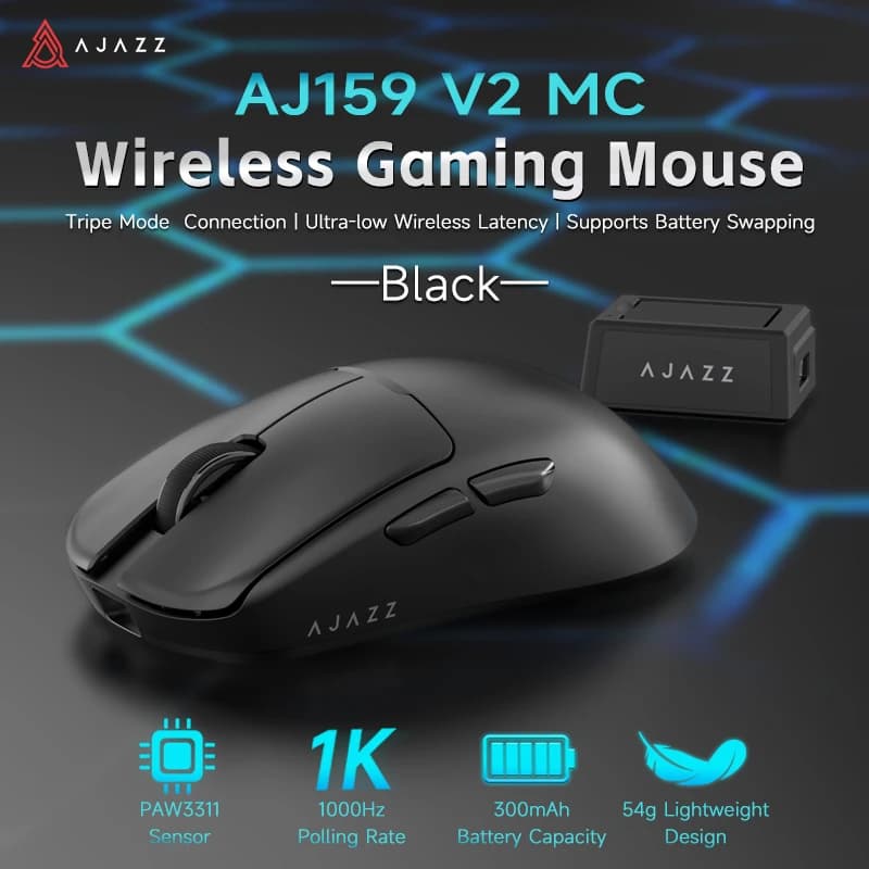 AJAZZ AJ159 V2 MC 3-Mode Bluetooth 2.4G Wired Mouse, 54g Lightweight Body, PAW3311 Stable Tracking, Swapable Rechargeable Battery E-sports Mouse
