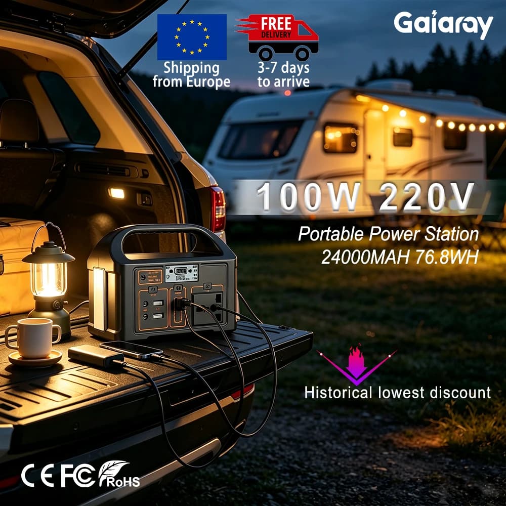 Gaiaray 100W 24000mAh LiFePO4 Portable Power Station, Charging Station, Solar Generator, AC 220V Power Bank for Camping