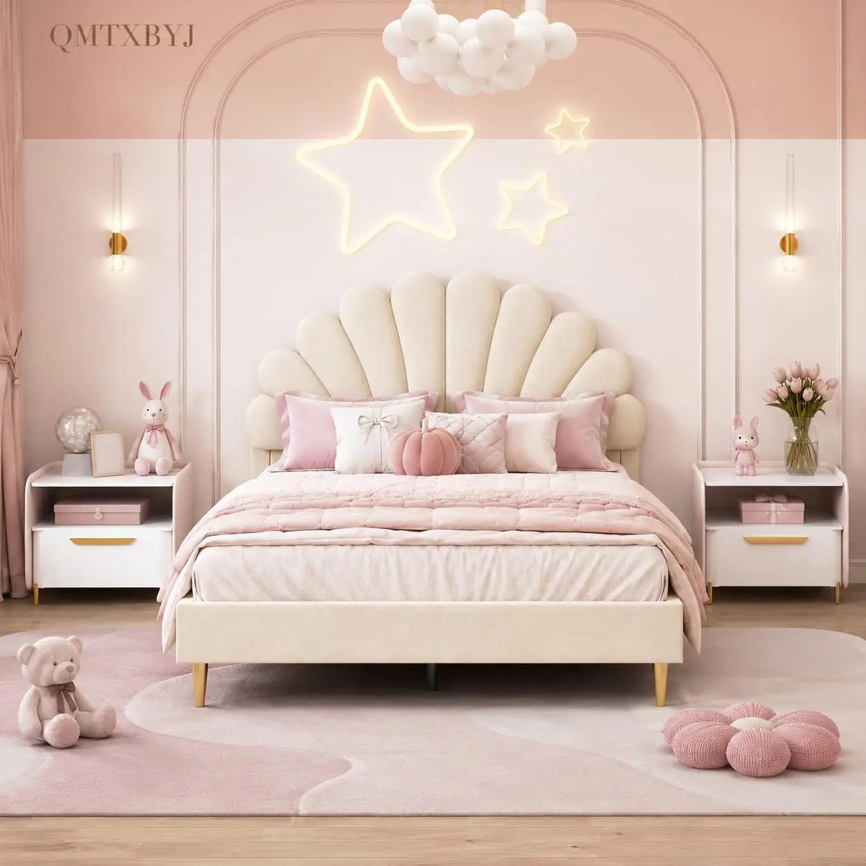 Rosahqnda Children's Bed Upholstered Bed 140 x 200 cm, Bed Frame for Girls with Floral Headboard and Slatted Frame, Velvet Double Bed Shell-like Bed with Golden Iron Legs, without Mattress