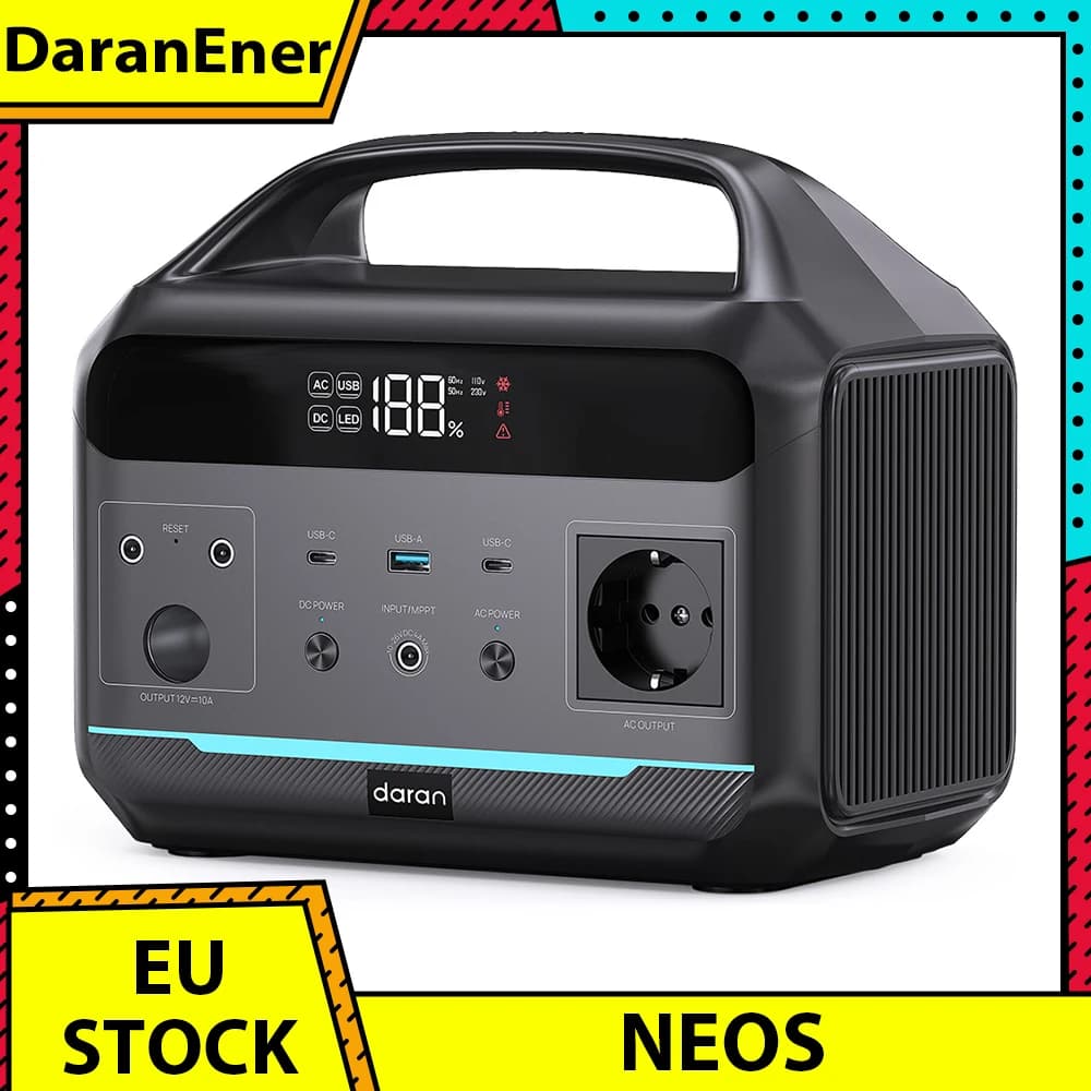 DaranEner NEOS Portable Power Station, 288Wh LiFePO4 Battery, 600W Pure Sine Wave AC Output, 1200W Surge Output, 80W Solar Input, 100W USB-C PD, Dual DC5521, 120W Car Socket, MPPT, BMS, UPS, 3500+ Cyc
