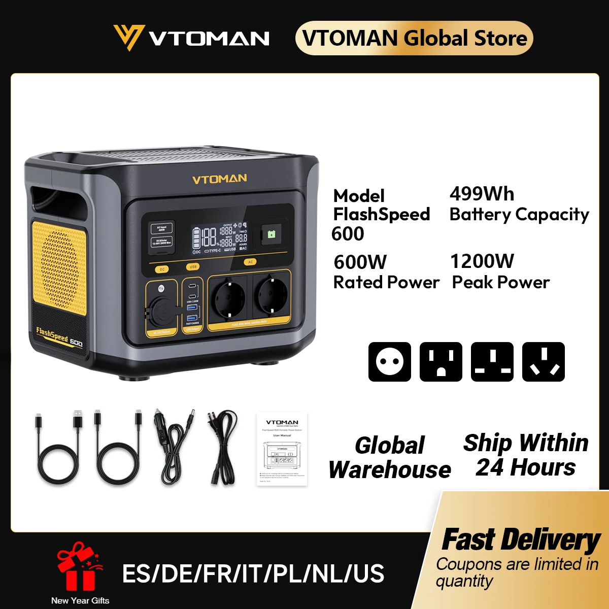 VTOMAN FlashSpeed 600 Portable Power Station 499Wh LiFePO4 Battery 600W AC Output UPS Backup Power Supply, Solar Generator for Camping RV Home Emergency Power Outage