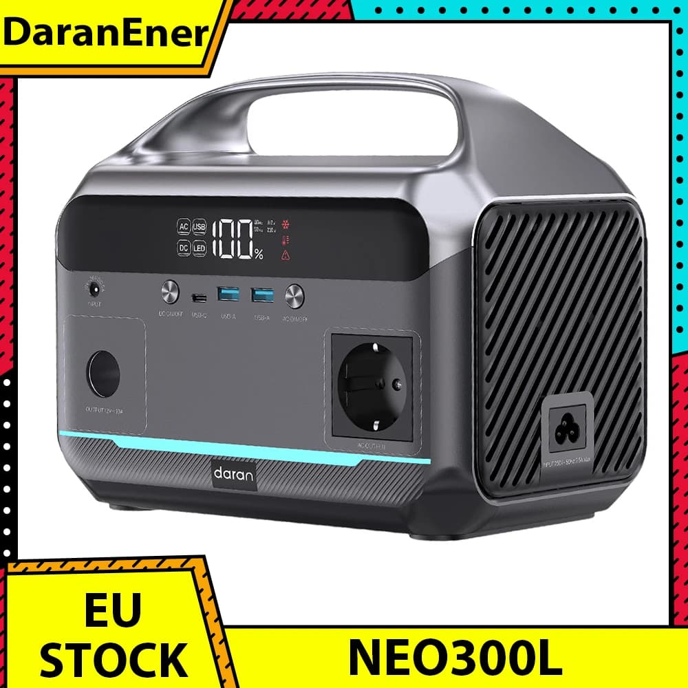 DaranEner NEO300L Portable Power Station, 288Wh LiFePO4 Battery, 350W Pure Sine Wave AC Output, 600W Surge Power, 100W Solar Input, 60W USB-C PD, Dual 18W USB-A, 120W Car Socket, MPPT, BMS, UPS, 3500+ Cycle Life