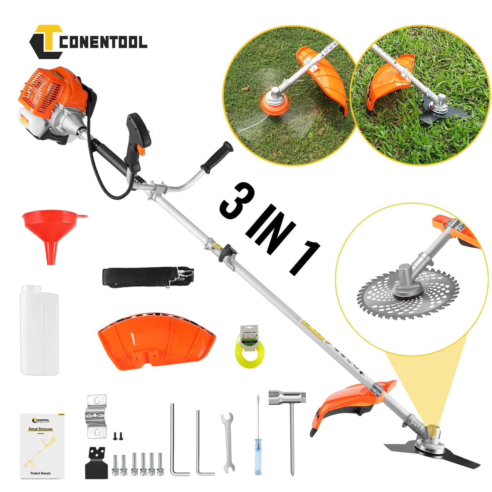 CONENTOOL 52cc 3in1 Petrol Brush Cutter Grass Trimmer Powerful Garden Strimmer 2-Stroke Engine Weed Eater Tool with Blade & Line