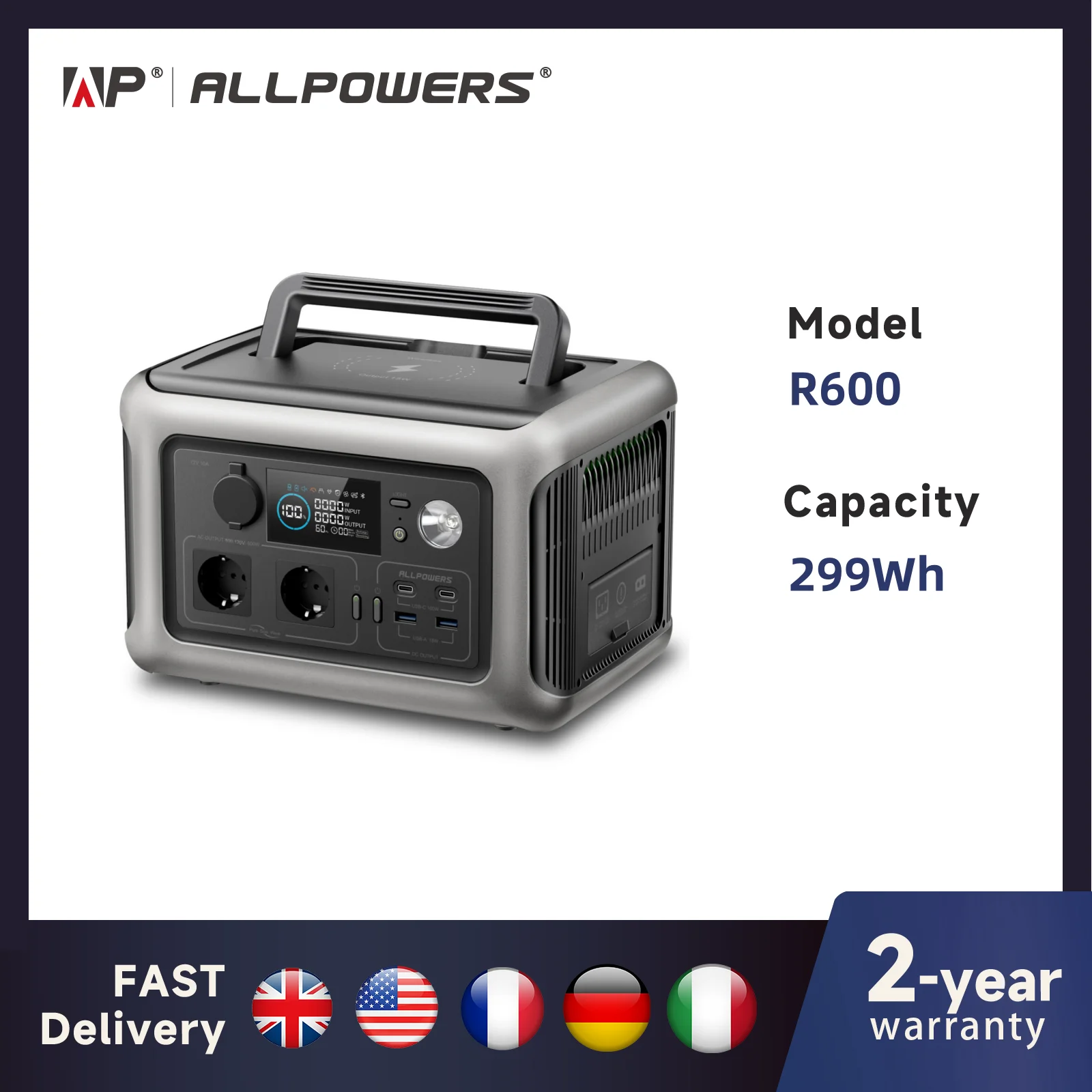 ALLPOWERS 299Wh 600W Portable Power Station R600, LiFePO4 Battery Backup with UPS Function, 1 Hour to Full 400W Input, MPPT