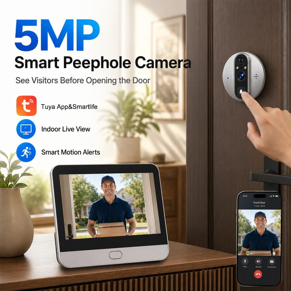 Tuya 5MP Smart Peephole Doorbell Camera With Indoor 4.3 Inch Screen Motion Alerts Live View Two-Way Audio For Home Security
