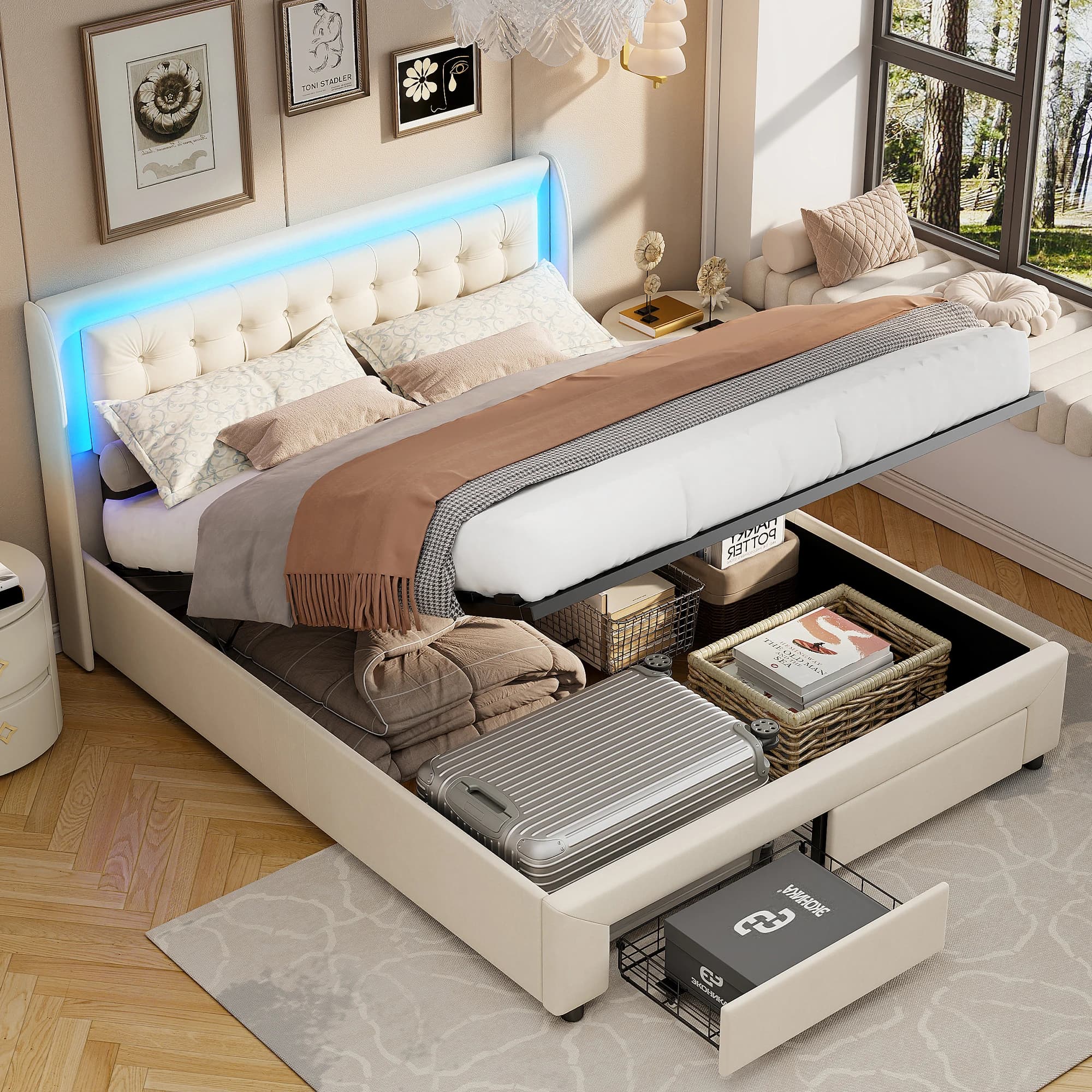 Rosahqnda Upholstered Double Bed with LED Lighting Gas Lift Storage Bed with 2 Drawers Ottoman Bed Frame Bedroom Furniture,Beige Velvet