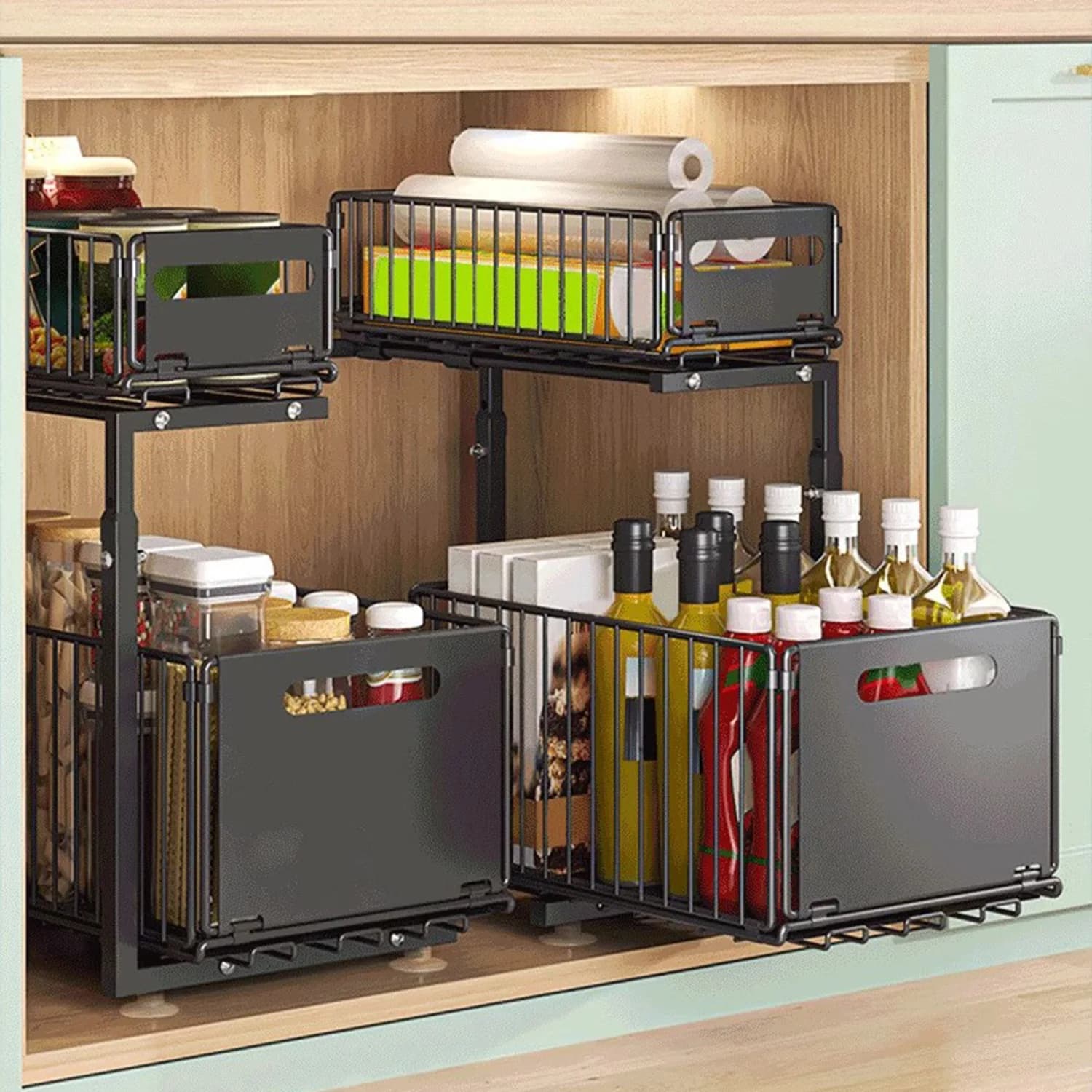 2-Layer Kitchen Storage Rack Slide Drawer Storage Tray Seasoning Bottle Spice Storage Rack Pull Out Cabinet Drawers Organizer