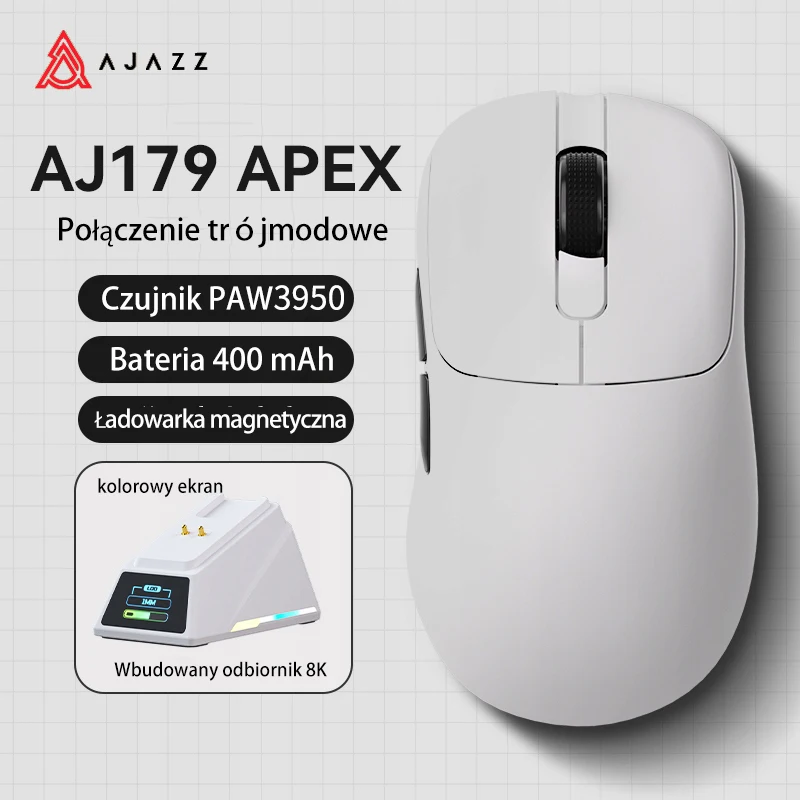 AJAZZ AJ179 APEX Gaming Mouse with Color Screen Dock, Magnetic Charging, 8000Hz High-Frequency /, Tri-Mode (PAW3950) Right-Hande