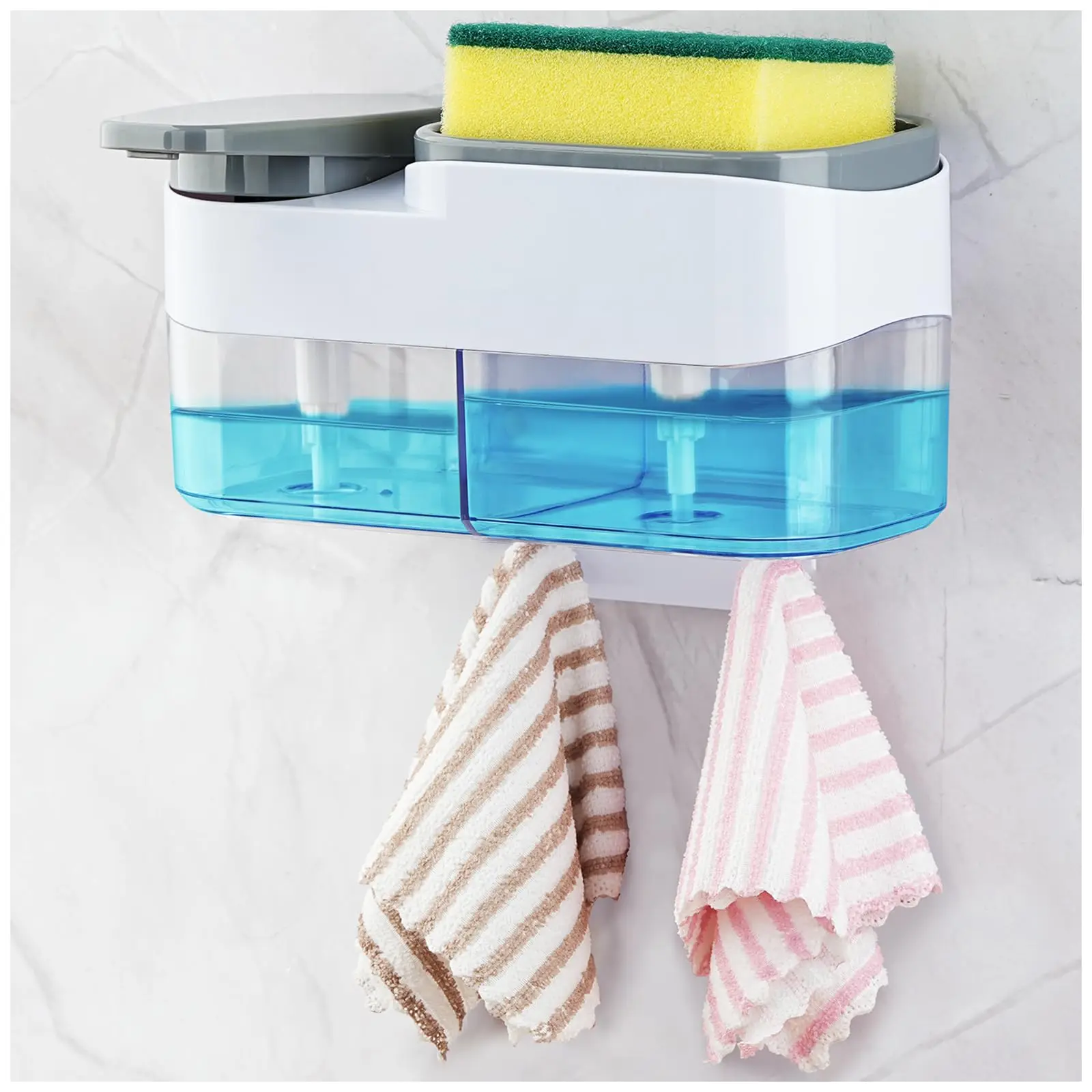 2 in 1 Wall Soap Dispenser With Sponse 2x500ml Kitchen Organizer Bathroom Dysboard Liquid Without Drilling