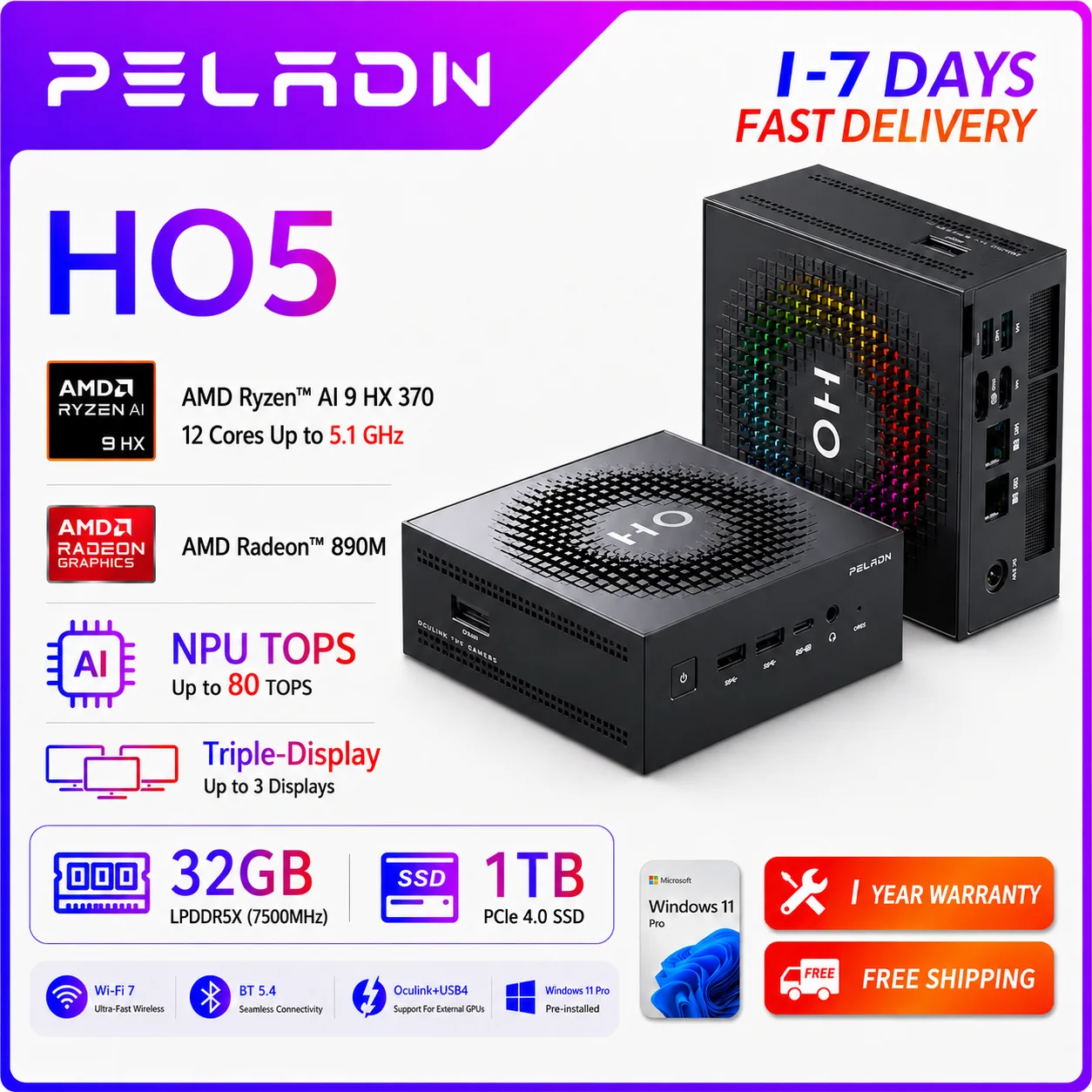 PELADN Gaming Mini PC AMD Ryzen AI 9 HX 370 (12 Cores，up to 5.1Ghz), 32GB LPDDR5X 1TB PCIe 4.0 SSD Dual 2.5G LAN USB4 20Gbps Type-C/DP/HD Mini Desktop Computer WiFi7 4K/60Hz Triple-Display USB3.2/BT5.4 Mini Computers