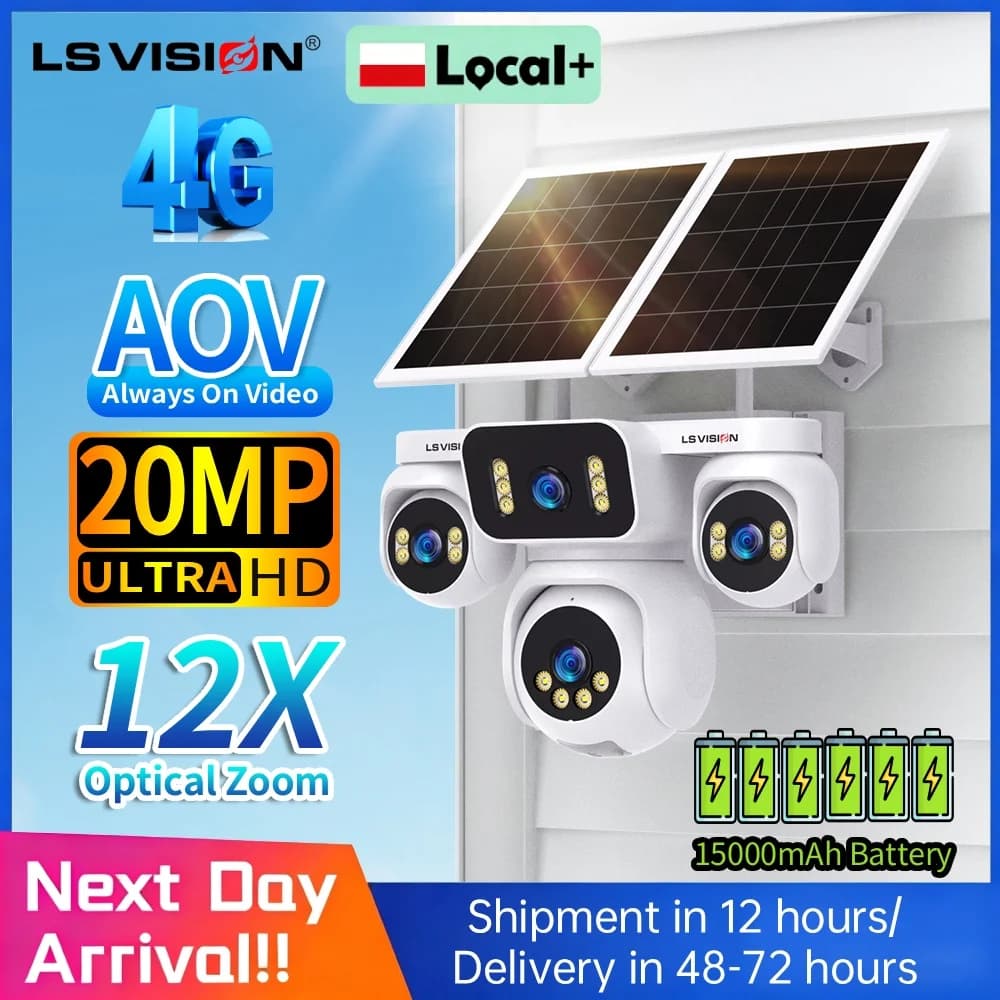 LS VISION 4 Screens 20MP AOV 4G Solar Camera 12X Optical Zoom Outdoor CCTV 20W Panel PTZ Cam 24/7 Recording Human Auto Tracking Security Surveillance Cameras Built-in Battery IP66