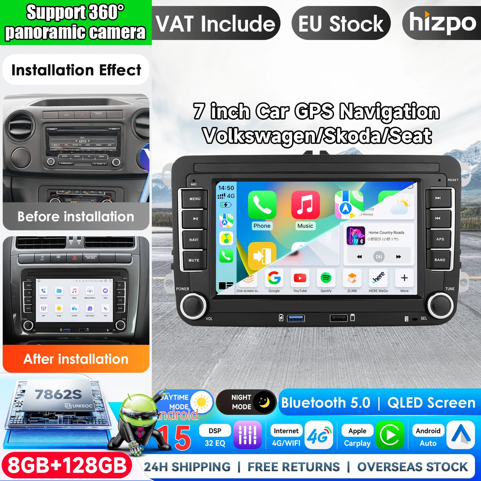 Hizpo 7 inch Wireless CarPlay Android Auto Car Radio for VW POLO GOLF 5 6 Plus PASSAT B6 JETTA TIGUAN TOURAN SHARAN SCIROCCO CADDY Multimedia Wireless Apple CarPlay Smart Intelligent Systems IPS Touch Screen Stereo Video Player 2Din Autoradio HeadUnit GPS