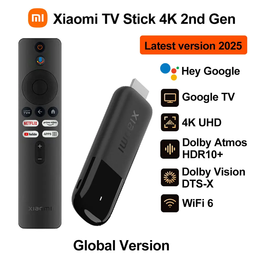 Xiaomi TV Stick 4K 2nd Gen, Portable Streaming Media, Netflix Dual-band WiFi 6 Google Assistant, BT5.2 Smart TV Dongle, 360° Bluetooth Voice Remote Control Google TV