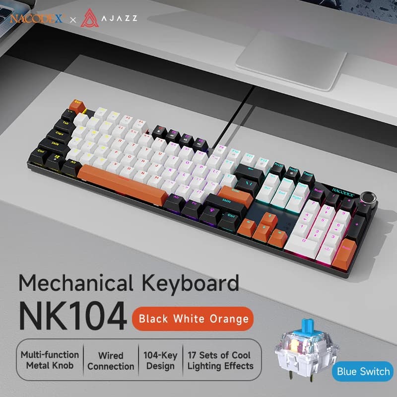 AJAZZ NK104 Full-Size Wired Mechanical Gaming Keyboard, OEM Profile Keycaps, Hot-Swappable, for PC Gaming & Office