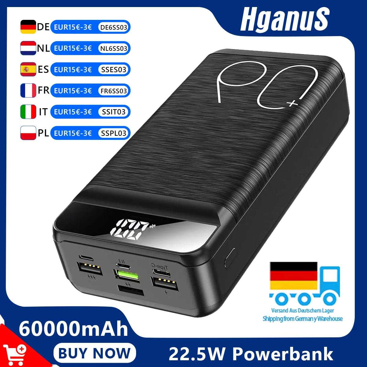 Hganus 60000mAh PowerBank External Battery 22.5W QC PD3.0 with USB-C Port, fast charging, large capacity and pocket Lamp for iPhone 17 and Xiaomi