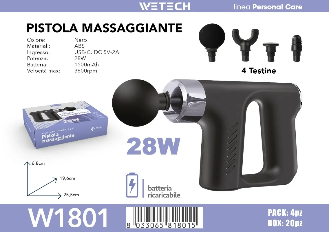 WETECH W1801 W1802 Mini Massage Gun Set USB-C Rechargeable Deep Tissue Percussion Massager 4 Replaceable Massage Heads Portable Muscle Relax Fascia Gun For Body Back Neck Shoulder Pain Relief