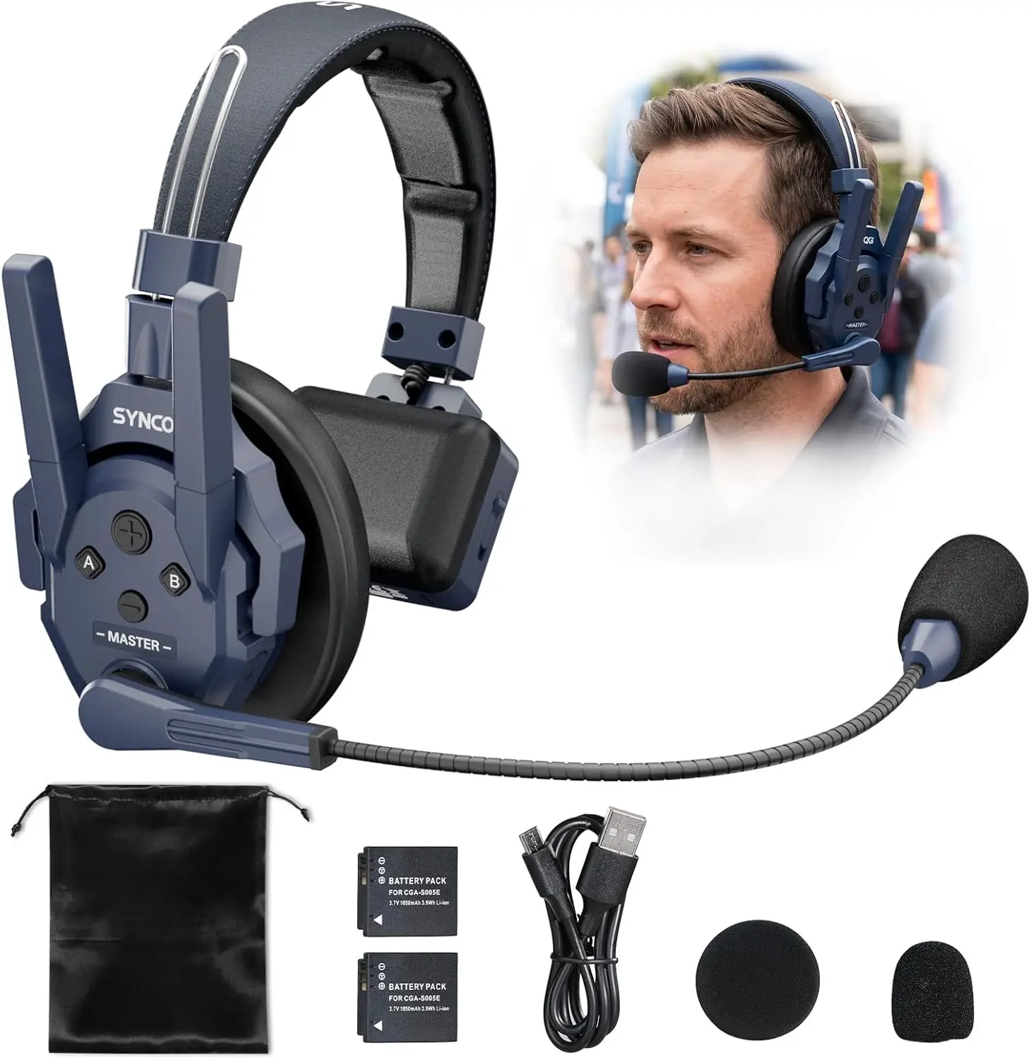 【ES STOCK】SYNCO XTALK Master Wireless Intercom Headset System, 500m/1640ft Range ENC 2.0 Noise Reduction 2.4GHz Full Duplex Intercom Communication Headsets App 15H Battery Life