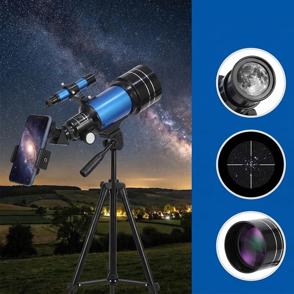 Portable Decorative Telescope Astronomical Telescope 70mm Aperture 300mm Focal Length 3 Glasses Expandable Tripod Mobile Phone Bracket with 150x Magnification for Stargazing Suitable for Beginners