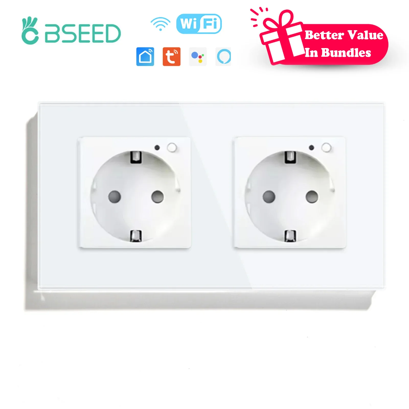 BSEED Smart Double Sockets Glass APP WIFI Wall Sockets 16A EU 110V-240V Electrical Outlet Wall Mounted Tuya Sockets White