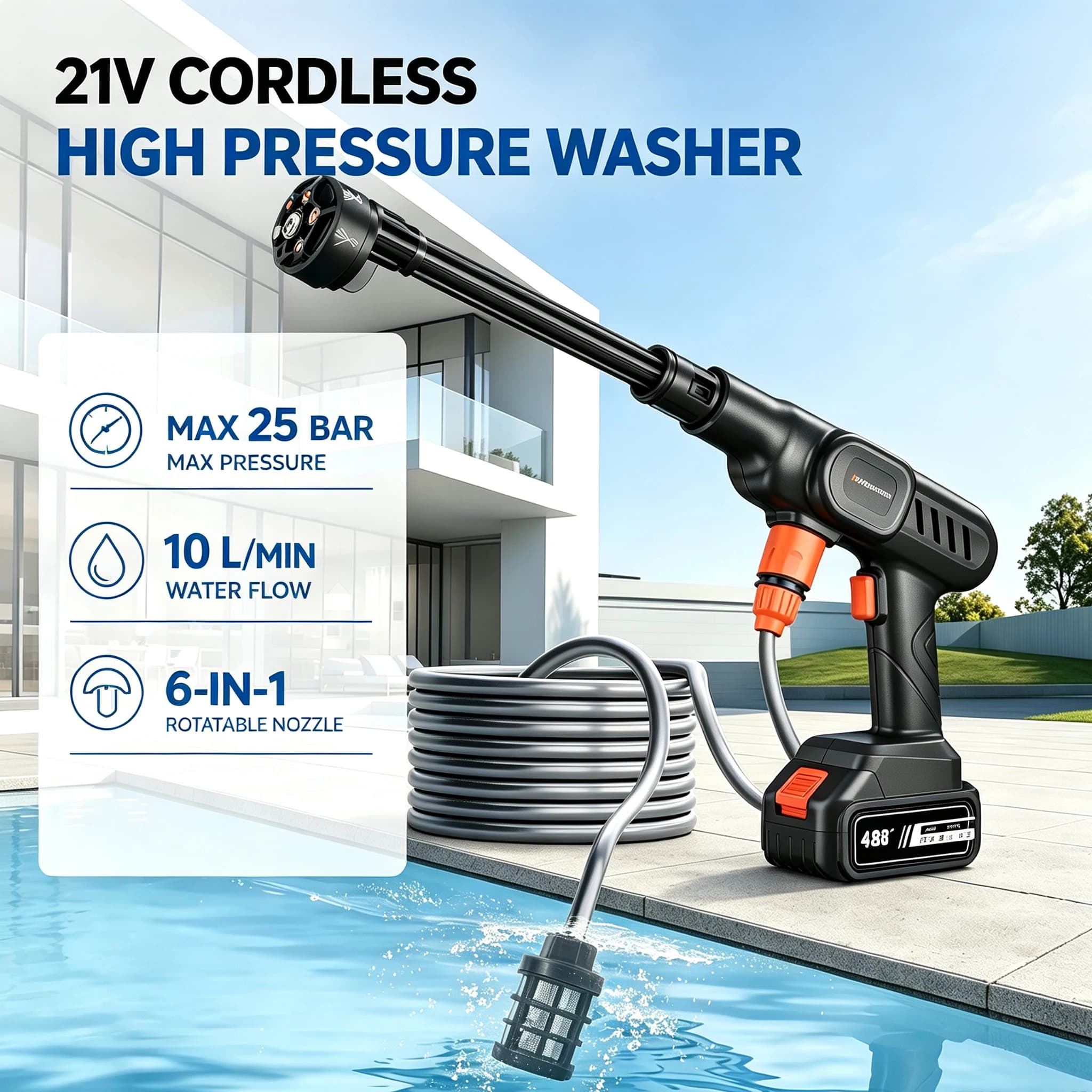 21V Cordless High-Pressure Washer Gun with Battery 20000RPM 18D Plunger Pump Multifunctional Nozzle for Auto Home Garden Cleaner Machine