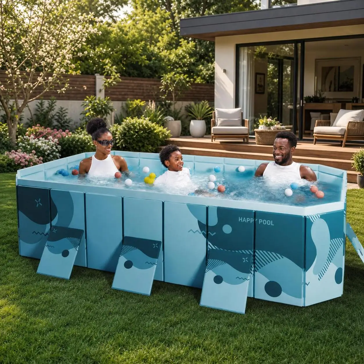 Foldable outdoor rectangular family swimming pool - non-inflatable, thick, durable, wear-resistant, easy to install. Made of PVC material. Multiple sizes suitable for adults and children.