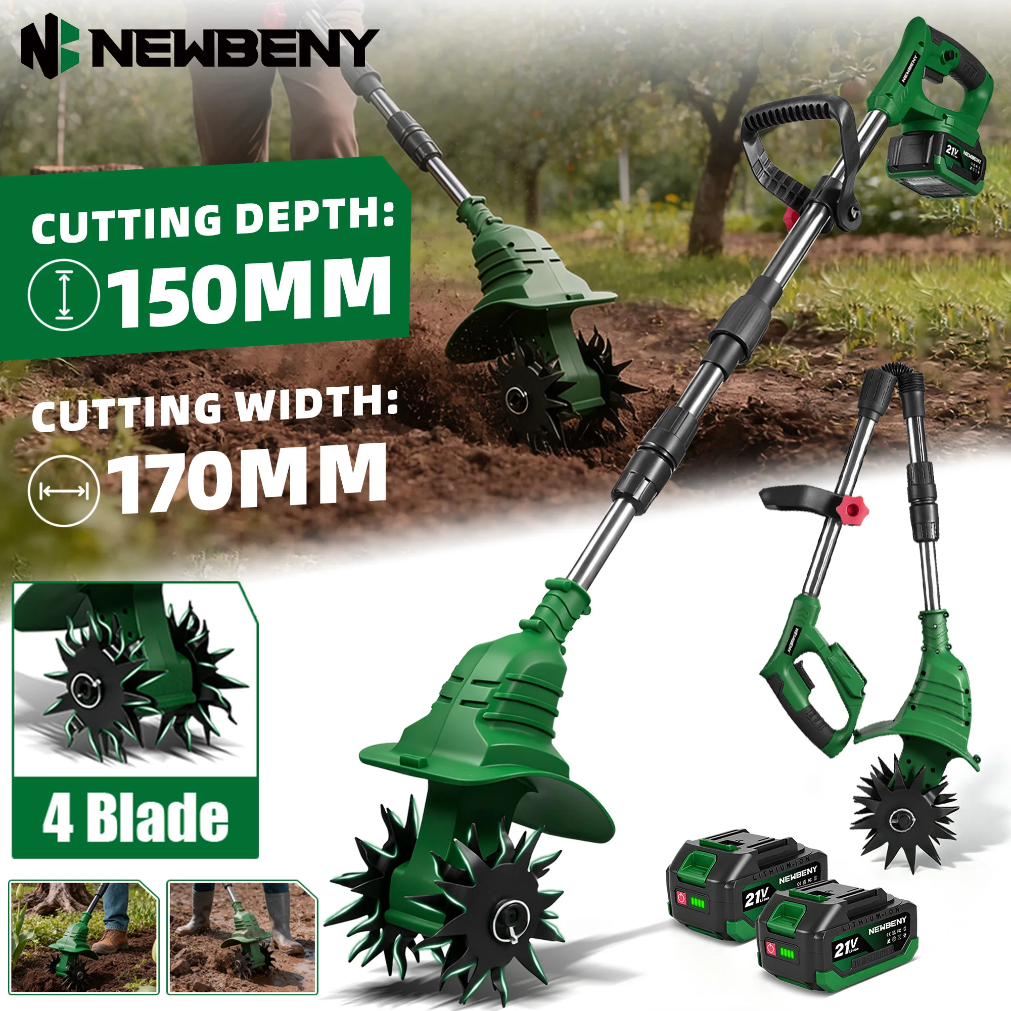 NEWBENY Electric Garden Rotary Tiller Lawn Mower 170MM 150MM 4 Blade Cultivator Cordless Lawn Mower Portable Grass Trimmer Soil Turning Tools for Makita Battery Pin