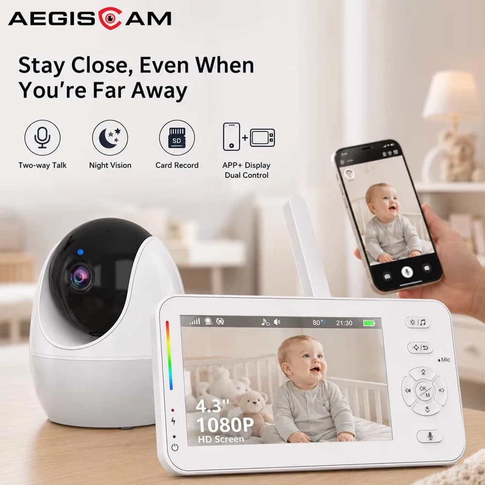 Smart Baby Monitor Camera with 4.3 Inch 1080P HD Screen APP Remote Viewing Two Way Talk Infrared Night Vision Memory Card Recording Wireless Video Monitor for Newborn Infant Nursery Bedroom Home Security Family Care and Real Time Monitoring