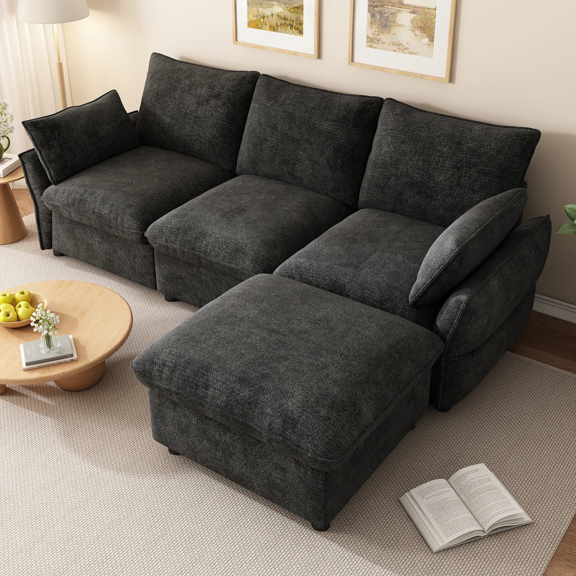 Modern L-Shaped Chenille Sectional Sofa with Ottoman and 2 Throw Pillows - 3-Seater Couch with Flexible Footstool for Living Room, Apartment, Dark Gray
