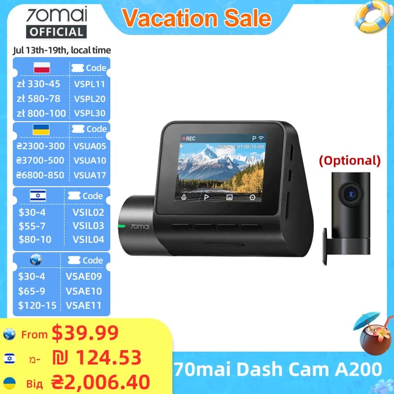 Global 70mai Dash Cam A200 Dual-channel Record 1080P HDR 2'' IPS Screen 24H Parking Monitor Car DVR 70mai A200 WIFI APP 130° FOV