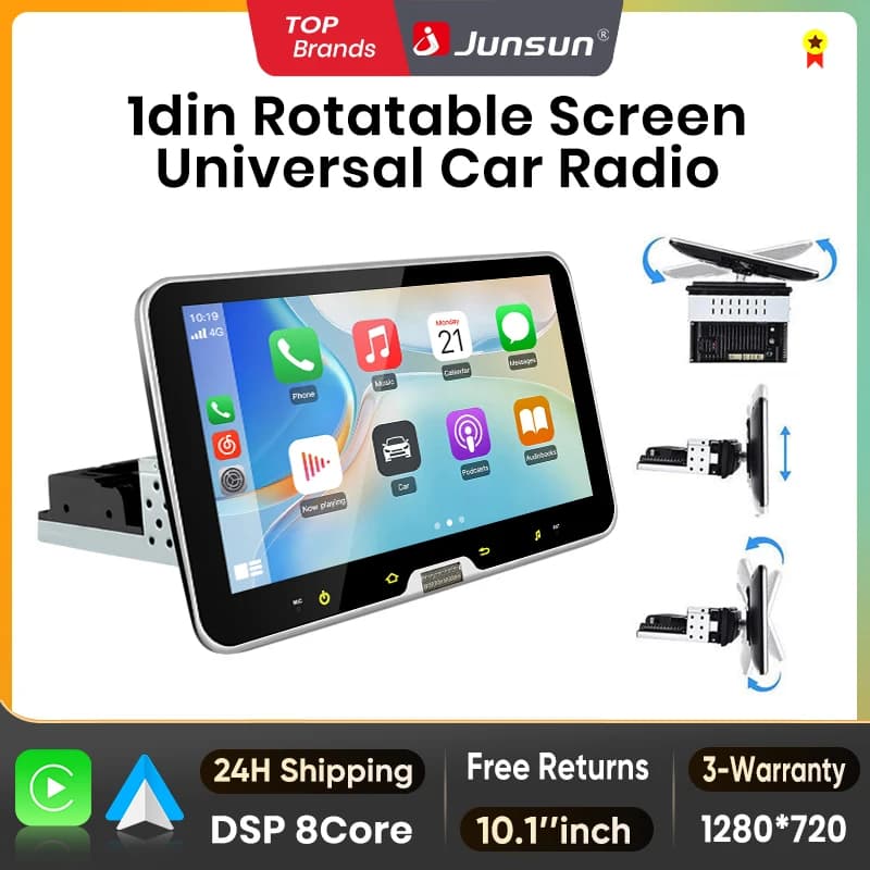 Junsun 10 inch Rotatable IPS Touch Screen 1 Din Universal Wireless For Apple Carplay Android Auto Car Radio Androidauto Stereo Multimedia Video Player Smart Intelligent Systems GPS Navigation Head Unit Autoradio WIFI BT 4G WIFI FM AM DSP RDS SWC