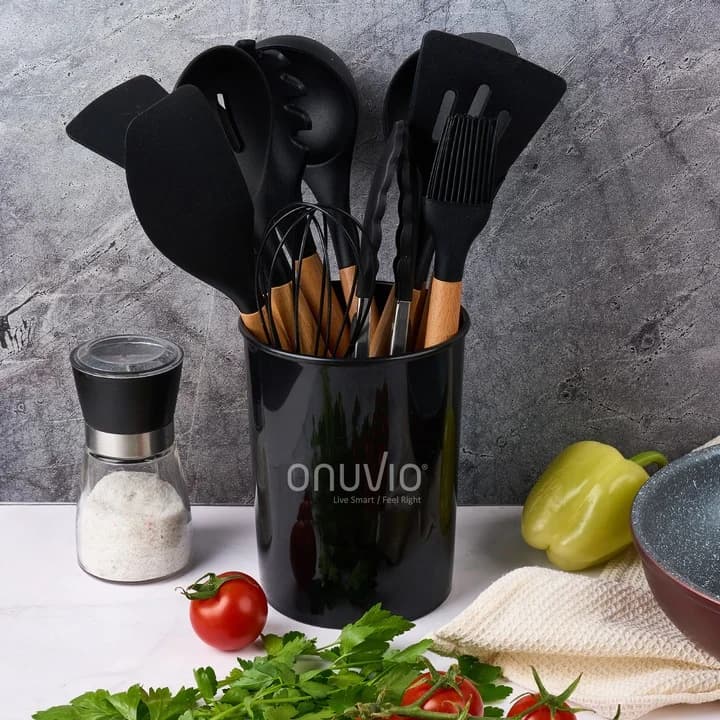 Silicone Kitchen Utensils Set with Wooden Handle Non-Stick Cooking Tools Spatula Spoon Tongs Whisk Brush Kitchenware Set