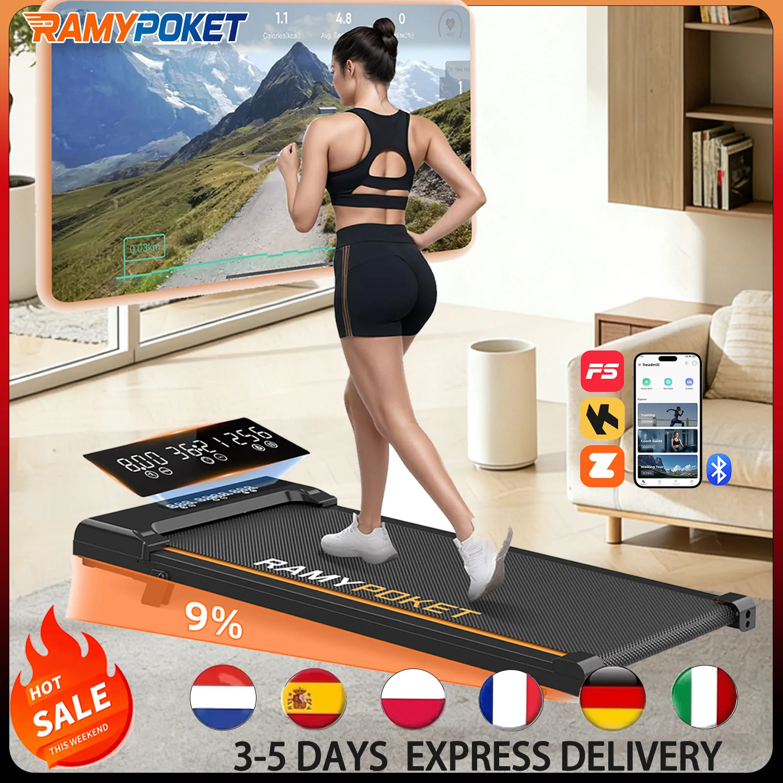 Electric Treadmill Home with 9% Incline,Silent Treadmill App/Led ,1-8Km/H,Max Load 130kg Walking Pad Tread