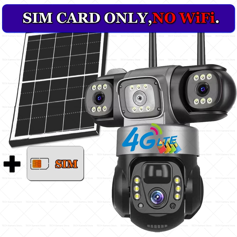 4G Solar Cameras IP Wireless Gifted SIM Carc 100M Data CCTV Camera Smart Home Security Protection 3 Lens Monitor Remote PTZ Video Surveillance Monitoring