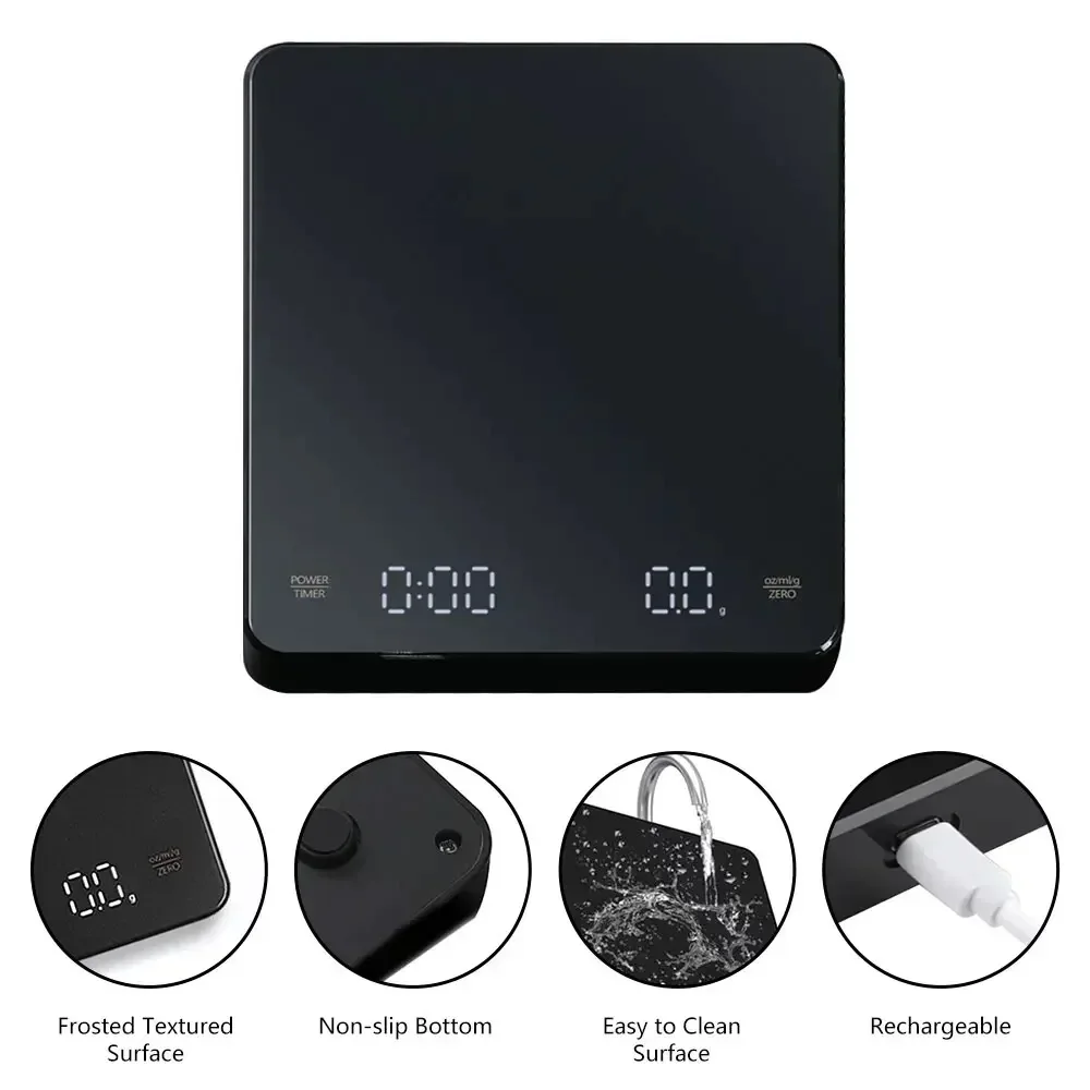 1PC LED Screen Digital Kitchen Scale with Timer USB Powered Espresso Coffee Maker 3KG Max 0.1g Precision Measurement in Oz/g/ml