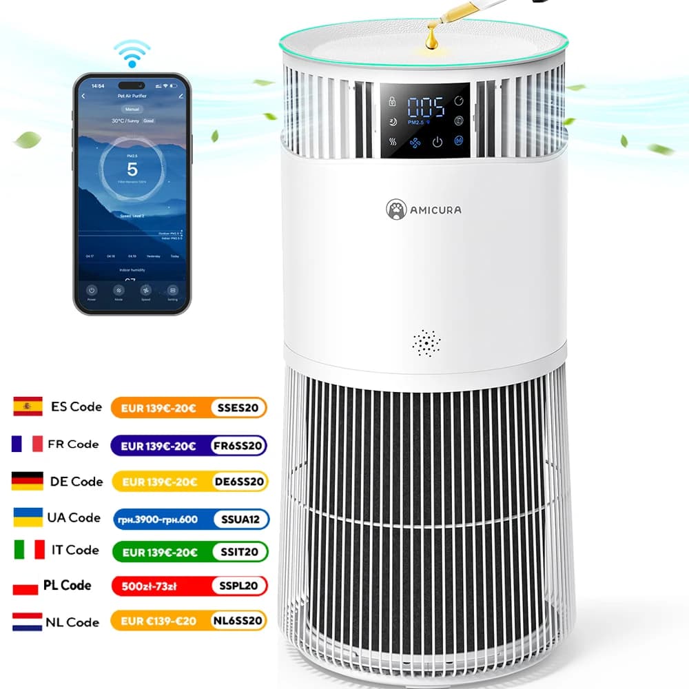 Amicura P2 2-in-1 Air Purifier with Humidifier Combo for Home Allergies and Pets Hair, Smokers in Bedroom, H13 True HEPA Filter