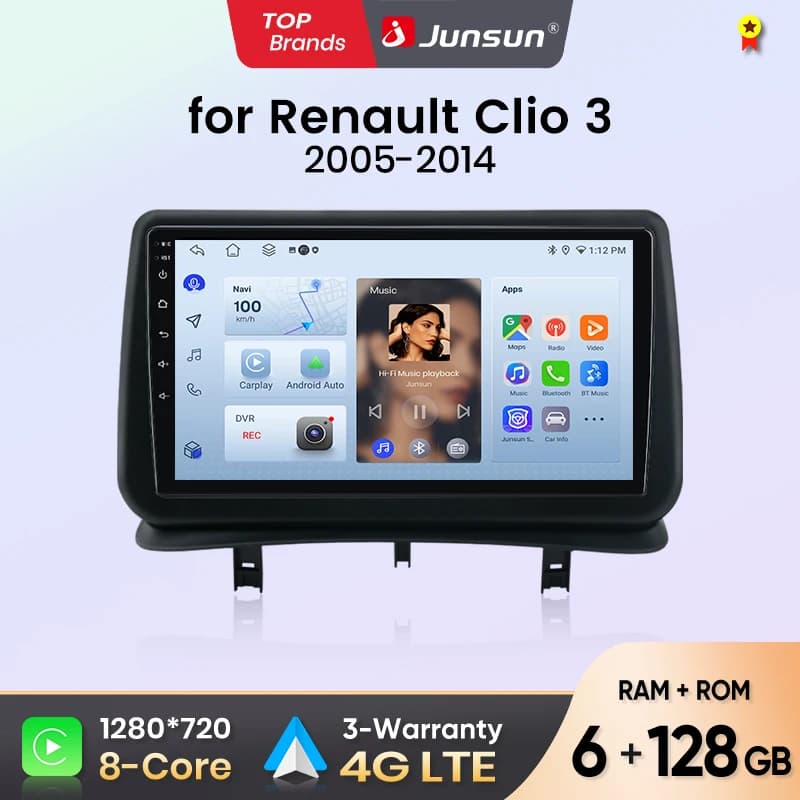 Junsun Car Radio for Renault Clio 3 2005 2006 2007 2008-2014 CarPlay Android Auto FM RDS DSP BT GPS Navi SWC HD IPS Touch Screen Plug & Play Multimedia Player Handsfree Call Original Car Style Head Unit