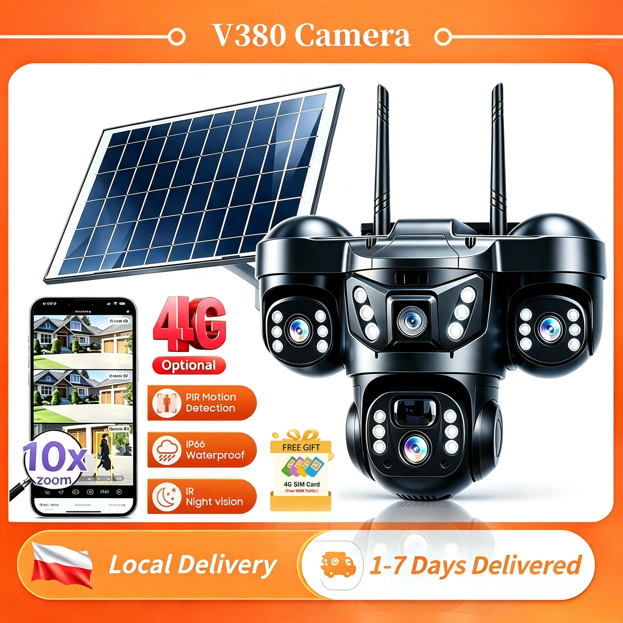 4G Solar Cameras Gifted SIM Card 100M Data IP Wireless Smart Home Security Protection CCTV Camera Outdoor Waterproof Night Vision 360 Surveillance Monitoring 4G Camera