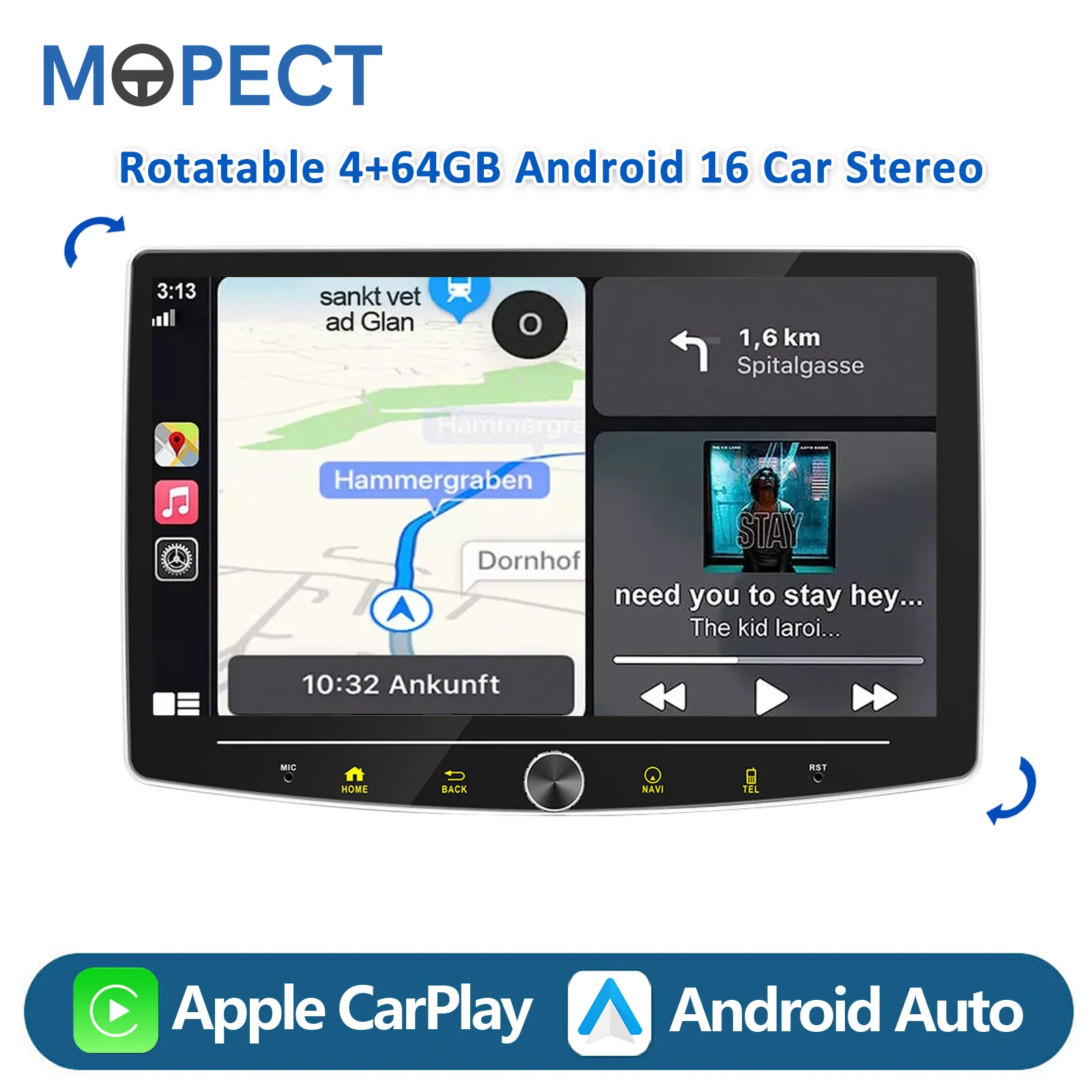 MOPECT Rotatable 10.1 inch 1 DIN Car Stereo, Wireless Apple CarPlay & Android Auto Android 16 4+64GB with Rotating IPS Touchscreen, DAB+ Digital Radio, GPS Navigation Bluetooth Autoradio FM RDS DVR