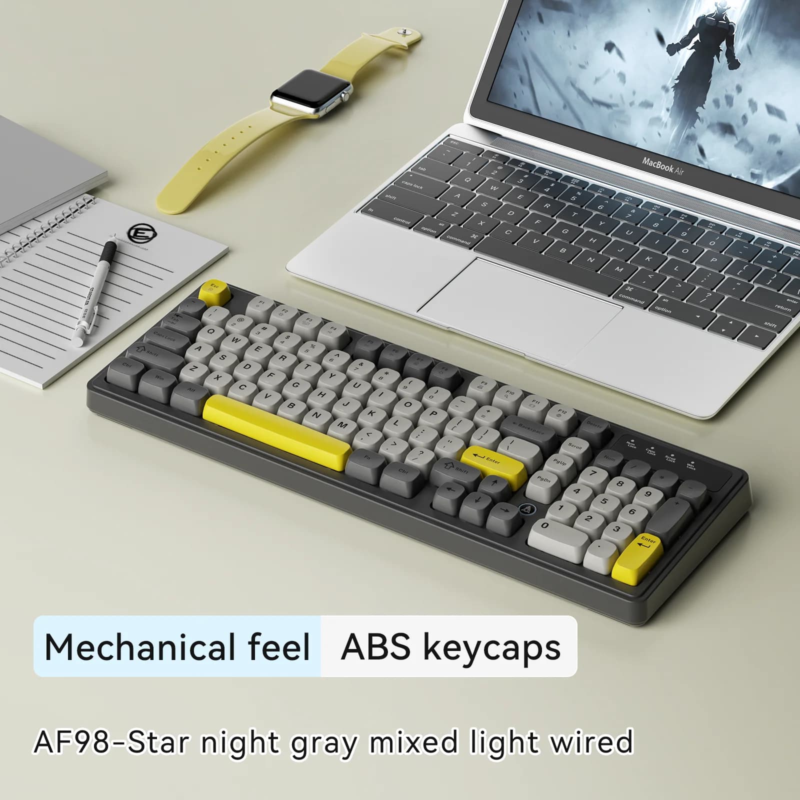 AJAZZ AF98 wired/wireless keyboard, 98 keys, mechanical feel, suitable for office use, long battery life, three lighting modes, RGB lighting effects, mixed color lighting, ABS keycaps, ergonomic design.